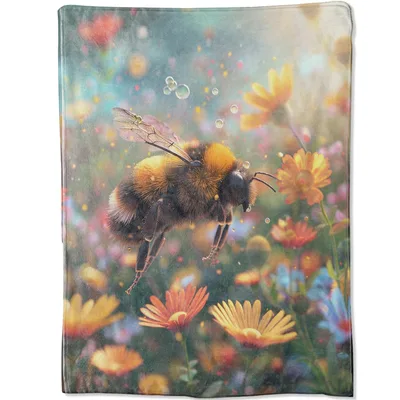 Bumblebee Flying Over Wildflowers Blanket: A Soft Nature Print