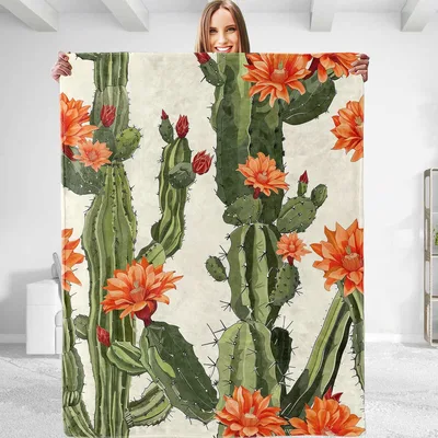 Cactus with Orange Flowers Blanket: Botanical Desert Print