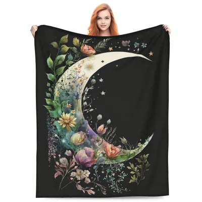 Floral Crescent Moon Blanket: A Whimsical Night Sky Design