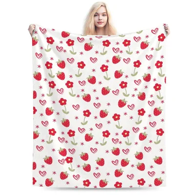 Strawberries and Hearts Pattern Blanket featuring red strawberries
