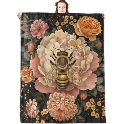 Bee and Peony Botanical Blanket: Vintage Floral Art with Insect Detail