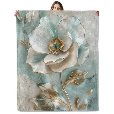 Teal Floral Flower Painting Blanket: Large Gold-Trimmed Poppy Art