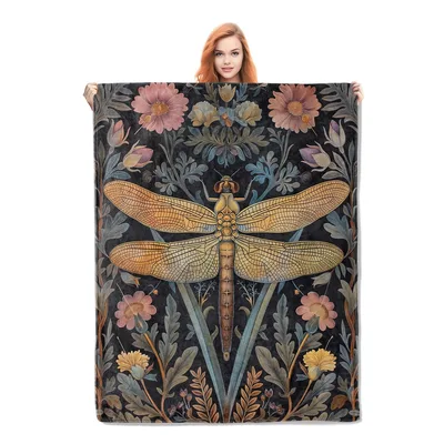Vintage Dragonfly Floral Pattern Blanket for Nature Lovers
