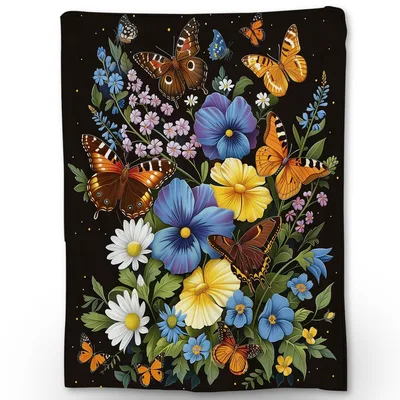 Blue Pansies and Butterflies Blanket: A Vibrant Floral Garden Design