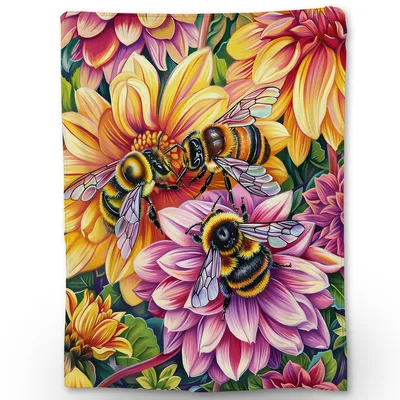 Bumblebees on Colorful Flowers Blanket: Vibrant Floral and Bee Art