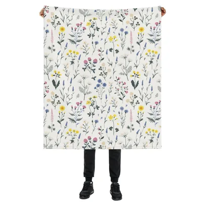 Wildflowers Scattered on White Blanket: Botanical Floral Throw Design