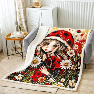 Ladybug Girl Among Daisies Blanket: Whimsical Fairy in a Flower Field