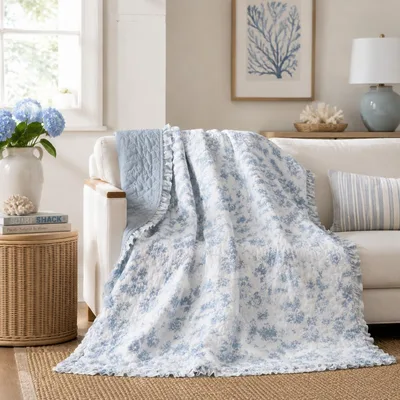 Blue Toile Floral Pattern Blanket: Classic French Country Design