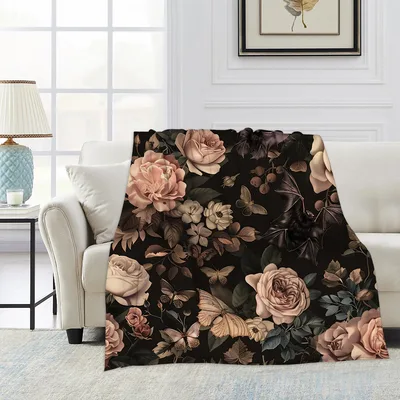 Dark Rose Blanket: Gothic Floral and Bat Throw Design