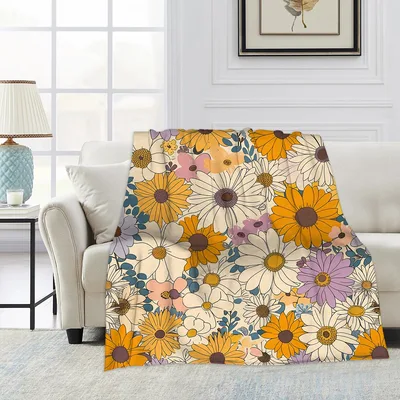 Retro Daisy Floral Pattern Blanket featuring vintage-style sunflowers
