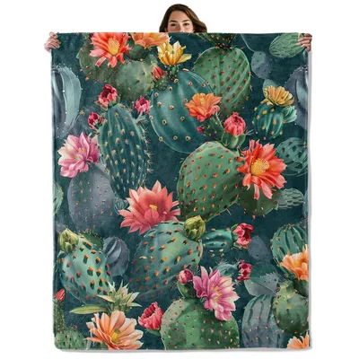 Blooming Cactus Flower Pattern Blanket for Desert Plant Lovers