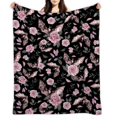 Pink Roses Black Floral Blanket: Gothic Bats and Pink Roses Design