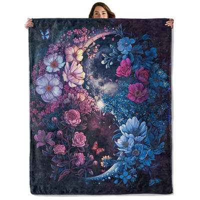 Moon Floral Garden Night Blanket: Crescent Moon and Bloom Design