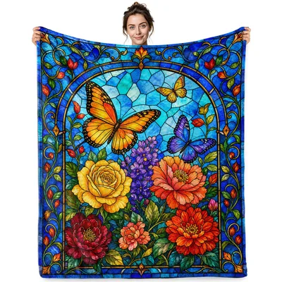 Stained Glass Butterfly Roses Blanket: A Floral Stained Art Design
