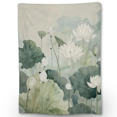 Watercolor Lotus Flowers Blanket: Serene White Blooms and Green Leaves