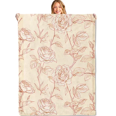Rose Sketch Floral Pattern Blanket: Vintage Rose Line Art Throw