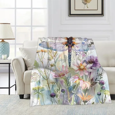 Watercolor Dragonfly Wildflowers Blanket: Nature-Inspired Softness
