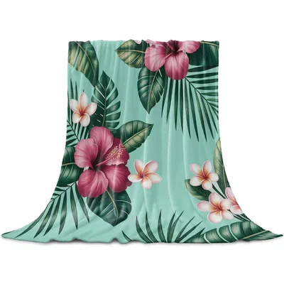 Tropical Hibiscus Palm Leaf Blanket: Botanical Floral Throw Design