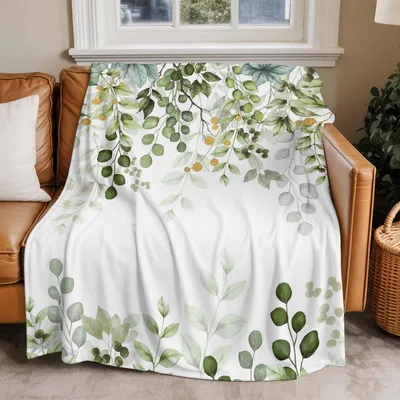 Sage Eucalyptus Leaves Watercolor Blanket Botanical Foliage Design
