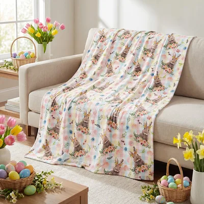Easter Rabbit Flowers Plaid Blanket featuring watercolor bunnies