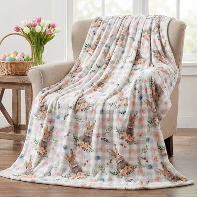 Easter Rabbit Flowers Plaid Pattern Blanket for Spring Cozy Vibes