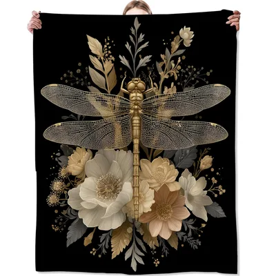 Golden Dragonfly and Flowers Blanket featuring a metallic insect
