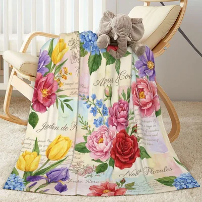 Spring Flowers Green Leaf Blanket: Vintage Floral Garden Print