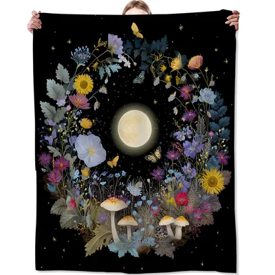 Moon Floral Wreath Night Blanket: A glowing moon surrounded