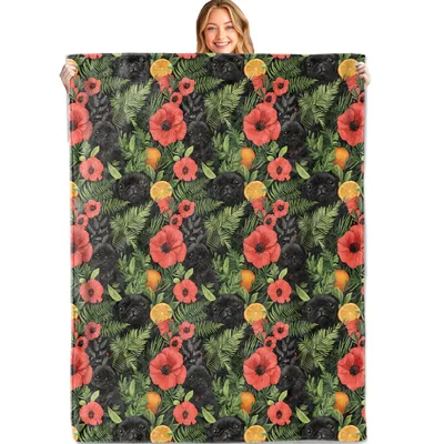 Red Poppy Floral Pattern Blanket with Black Pug and Tropical Leaves
