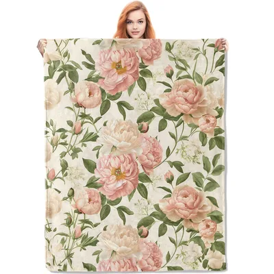 Pink Peony Floral Pattern Blanket: Vintage Botanical Throw Design