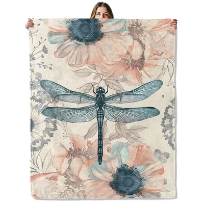 Dragonfly on Vintage Flowers Blanket: Nature-Inspired Floral Design