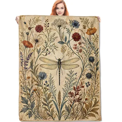Dragonfly Wildflower Botanical Blanket: Vintage Insect & Flora Art