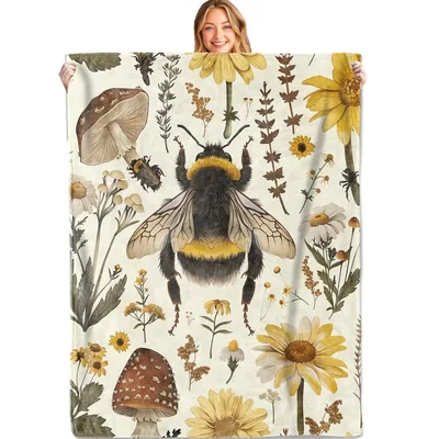 Vintage Bee and Wildflowers Blanket featuring a detailed bumblebee
