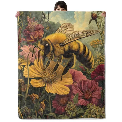 Realistic Bee Among Flowers Blanket: A Detailed Garden Scene
