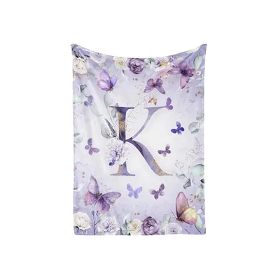 Butterfly Monogram Letter K Blanket with Lavender Floral Design