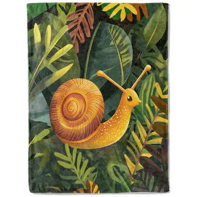 Snail on Leaves Blanket: A Golden Snail Amidst Tropical Foliage