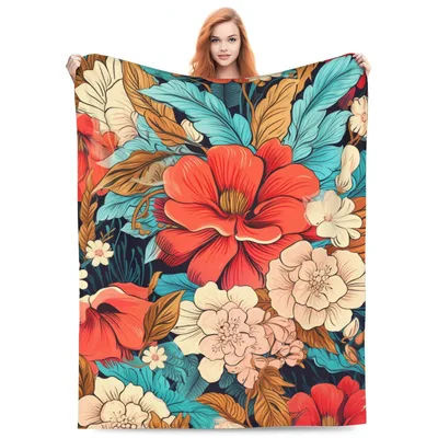 Boho Floral Pattern Blanket Retro Bohemian Throw with Colorful Flowers