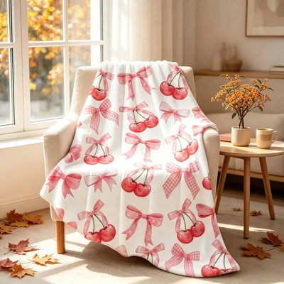 Cherry Bow Blanket: Pink Cherry and Ribbon Pattern Throw