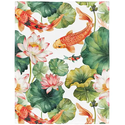 Lotus and Koi Fish Blanket: Watercolor Pond Design for Nature Lovers