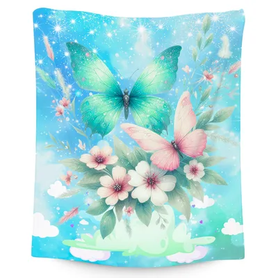 Butterflies and Pink Flowers Blanket: Ethereal Teal and Pink Design