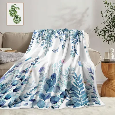 Blue Eucalyptus Leaves Floral Blanket: Watercolor Nature Design