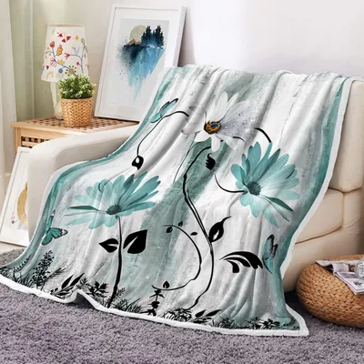 Teal Daisy Floral Butterfly Blanket: Rustic Farmhouse Throw