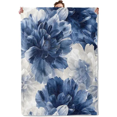 Midnight Blue Flower Pattern Blanket features elegant blue