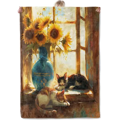 Sunflowers in Vase Blanket: Rustic Cats and Sunflower Art