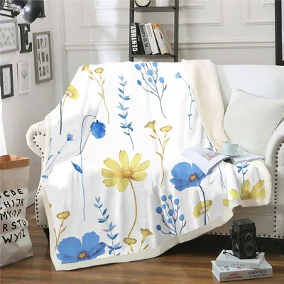 Watercolor Blue Yellow Flowers Blanket featuring loose blue poppies