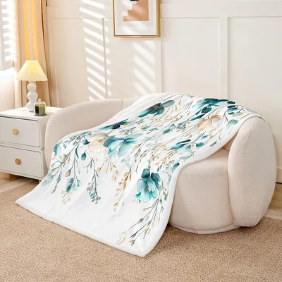 Teal Floral Eucalyptus Leaves Blanket: Watercolor Flower Print