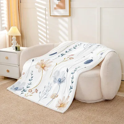 Watercolor Floral Branches Pattern Blanket featuring delicate blue