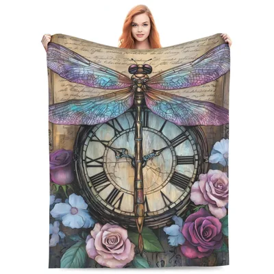 Dragonfly Vintage Clock Roses Blanket: Steampunk Insect Art