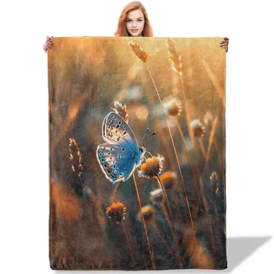 Blue Butterfly in Meadow Blanket: Nature-Inspired Softness