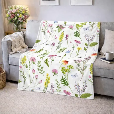 Watercolor Wildflowers Pattern Blanket: Botanical Art for Your Sofa
